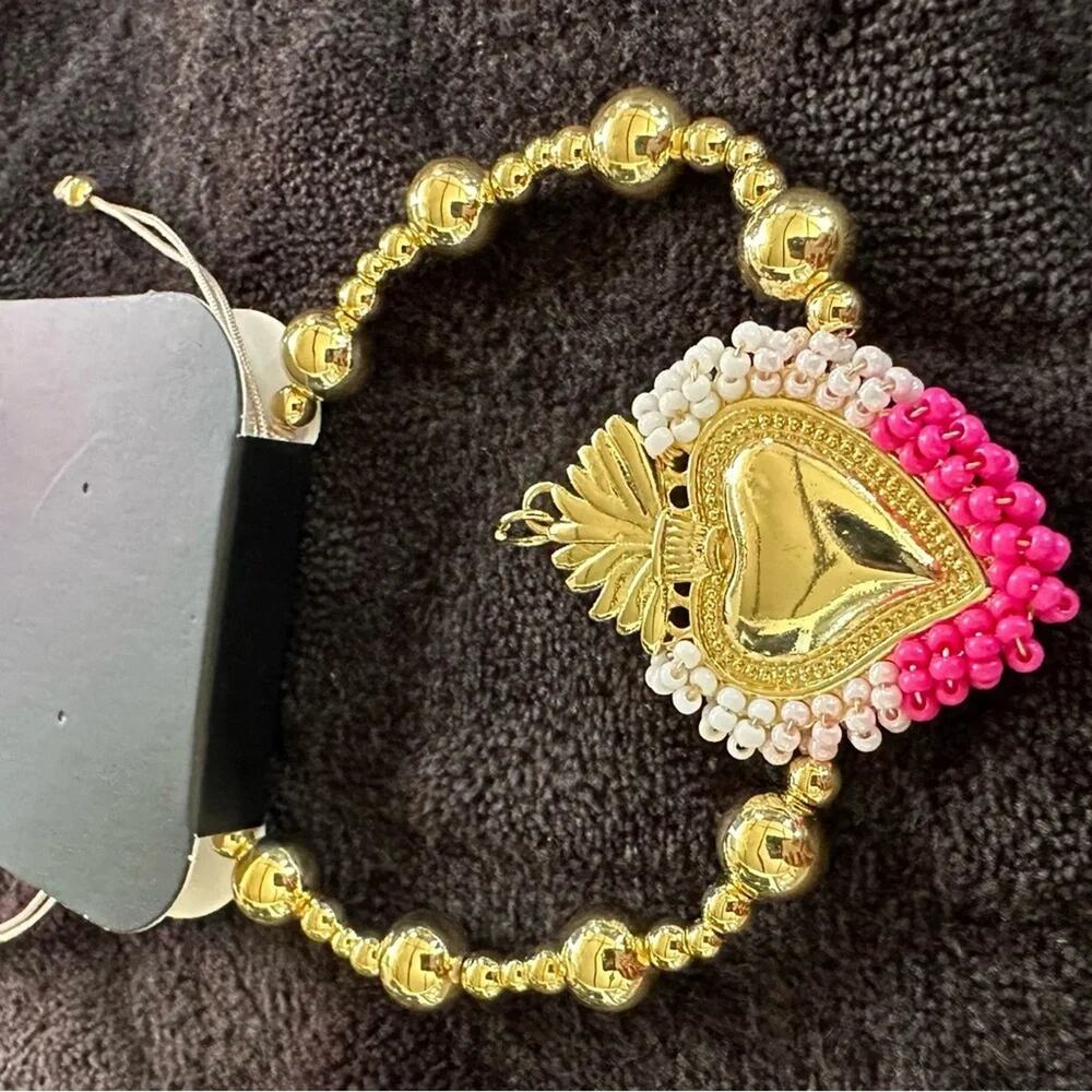Handmade Gold Plated Sacred Heart Bracelet Beaded  Mexican Milagro Jewelry - Picture 4 of 5